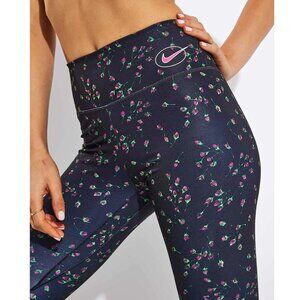 Nike Dri-Fit One Luxe Pink Roses Floral Black Leggings LARGE Training Active